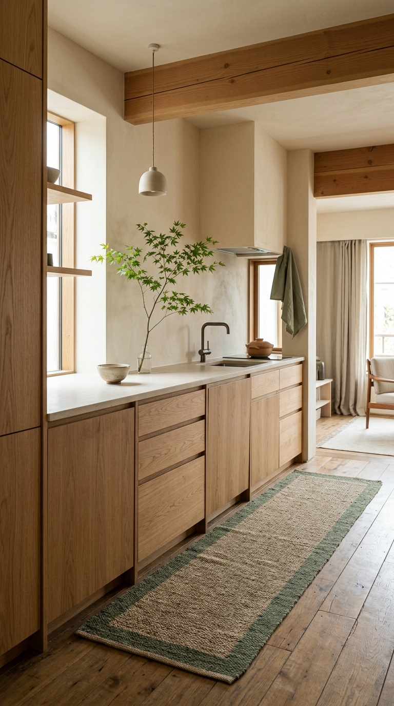 Oak kitchen and moss green runner in the morning light